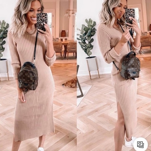 NEW Wayf Ribbed Knit Sweater Dress Midi Tan Cutout Tie Emily x Dede Size Medium - Picture 2 of 10